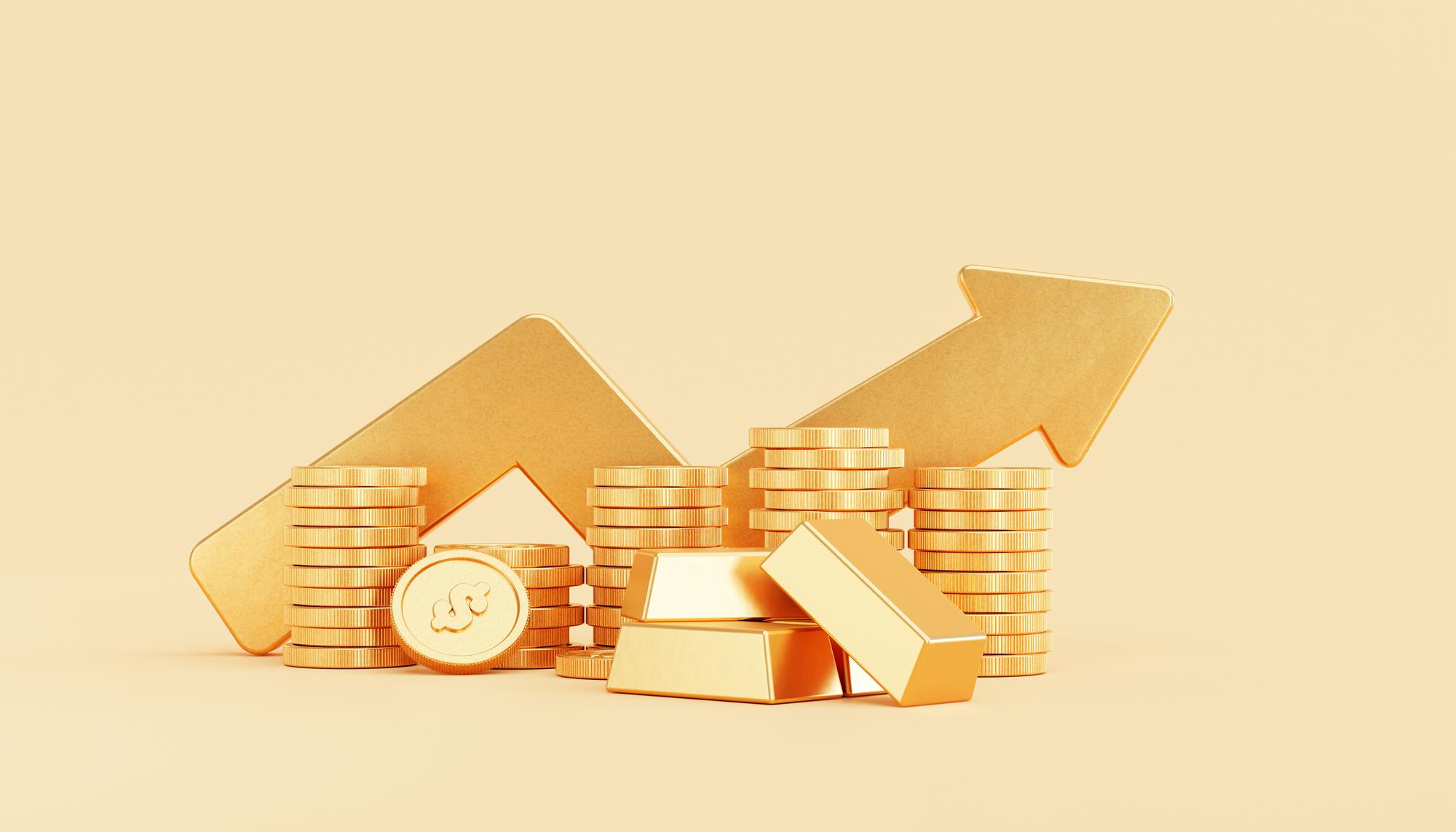 Symbolic gold bars and rising coins highlight why first-time investors choose to buy gold in Vancouver as a hedge against inflation and economic uncertainty.