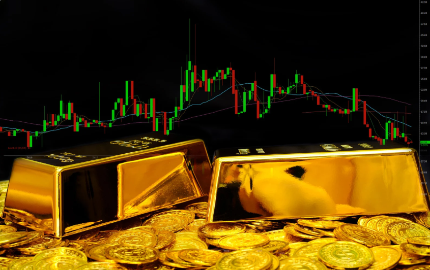 Two gold bars and scattered gold coins set against a trading chart, representing the fluctuating current price of gold in Canadian dollars.