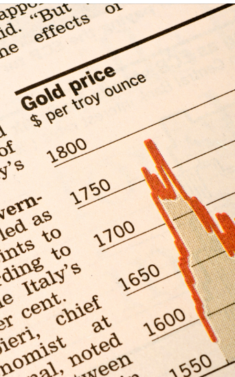 Close-up of a financial newspaper showing a gold price chart in USD, reflecting market movements that influence the current price of gold in Canadian dollars.