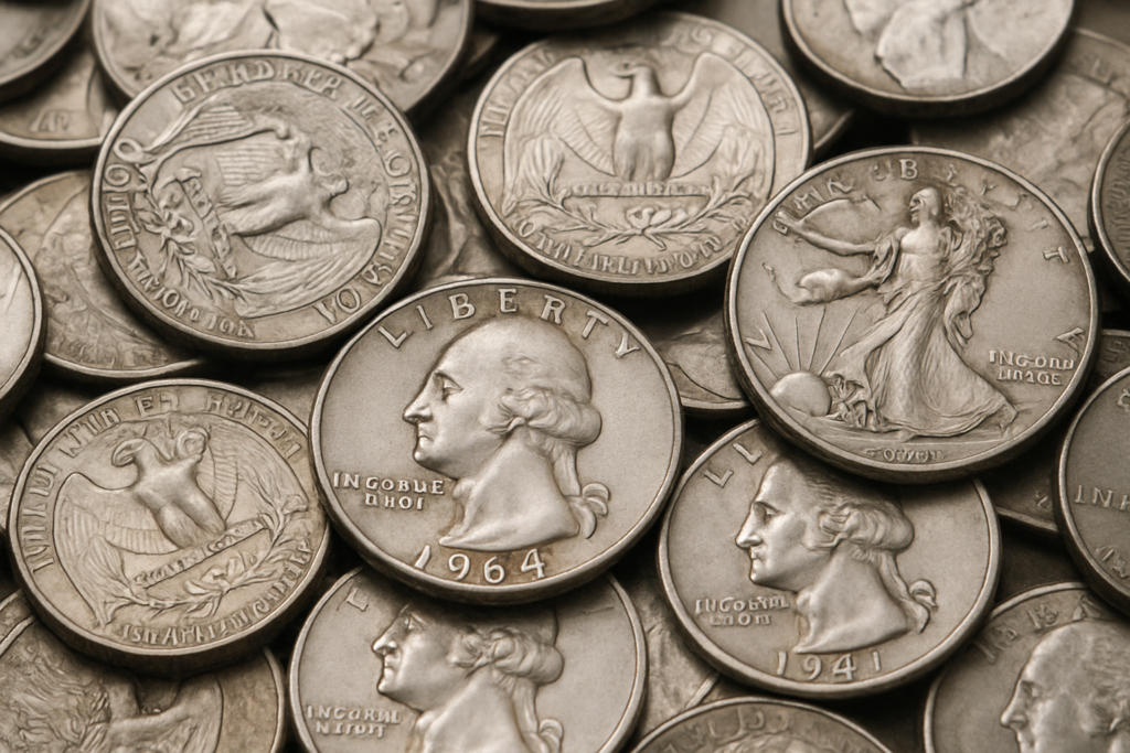 Close-up of vintage silver coins for Edmonton bullion buyers and collectors