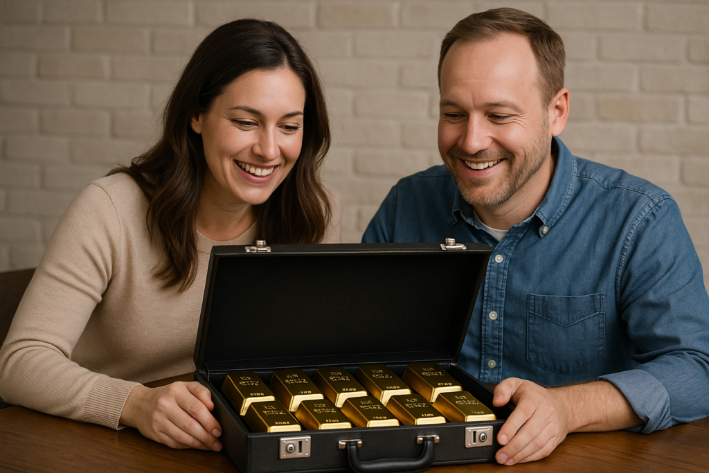 Couple smiling at gold bars case – Buy Gold in Vancouver