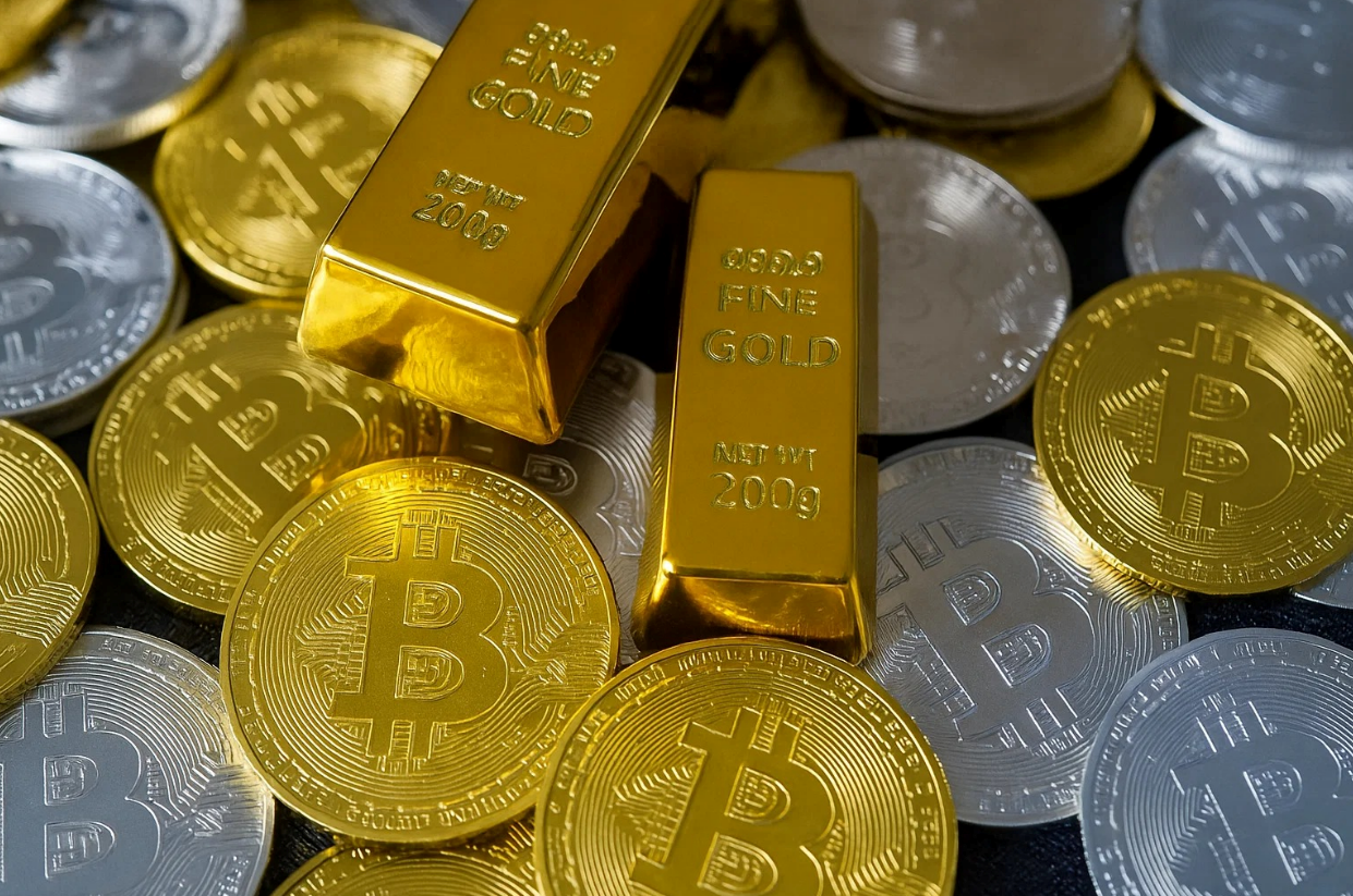Gold bars on gold and silver Vancouver bitcoin coins