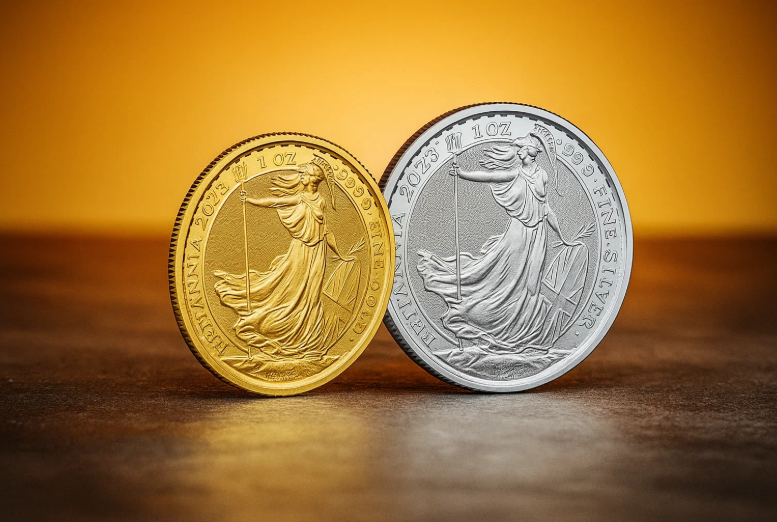 Gold and silver Vancouver Britannia coins side by side