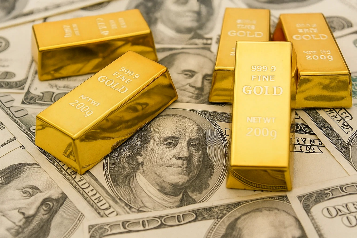 Gold bars on U.S. dollar bills representing gold and silver spot price trends.