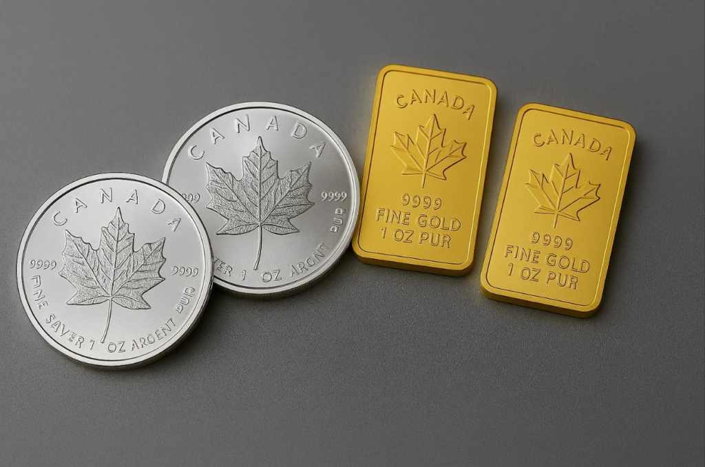 Gold bars and Canadian silver coins displayed on a chart tracking gold and silver spot price movements.