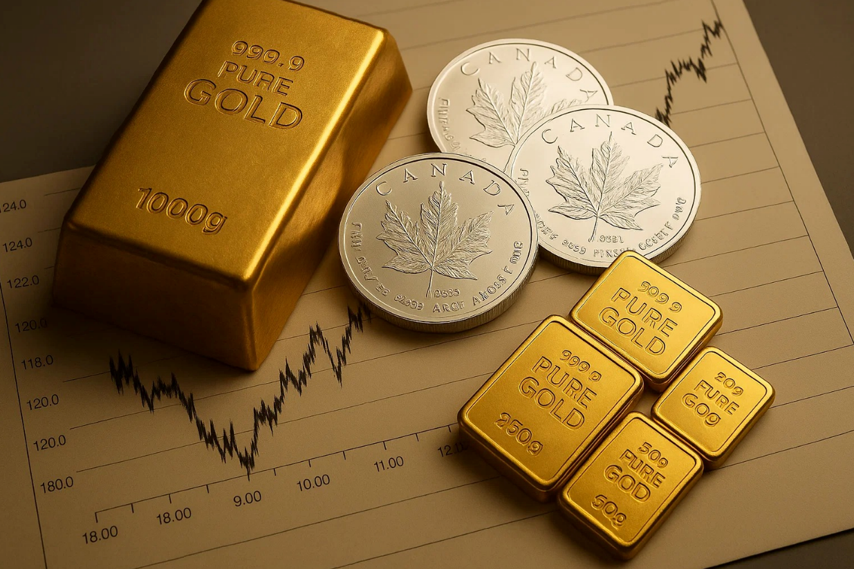 Gold bars and Canadian silver coins on a chart showing gold and silver spot price trends.